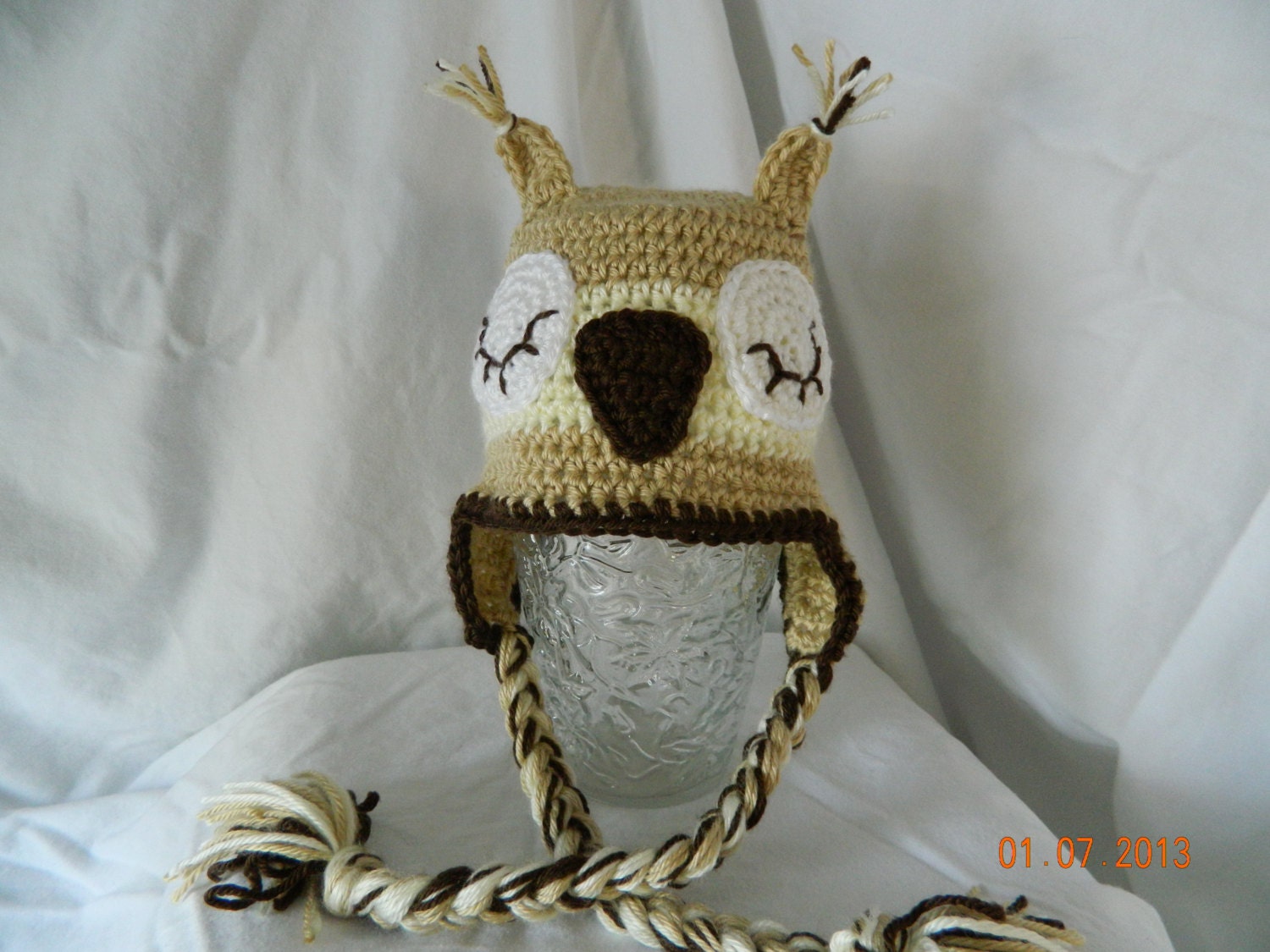 Tan and cream sleepy owl crochet hat with earflaps and braids, sizes 18-24 months, 2-3T, or 3-5T.  Baby shower gift idea photography prop