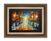 Contemporary ORIGINAL Abstract Night Landscape Fine Art Acrylic Bright Lonely Alley After Rain Painting on 16x12 Watercolor Paper by Laura
