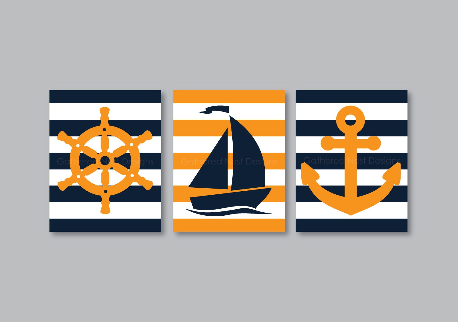 3 Piece Striped Nautical Print Set for Nursery, Kids Room, Home Decor - 11x14 - Orange, White, Navy OR Choose your own colors