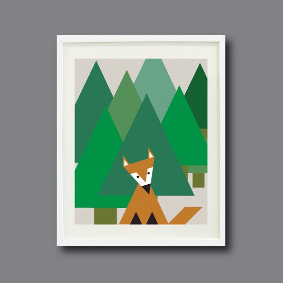 Fox in the Woods Geometric Art Print - 11x14 - Modern-Abstract Wall Decor-Nursery, Kids Room, Home Decor - Mr. Fox