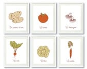 Vegetable Art Print Set with French Names-Kitchen Wall Art - 8x10 - Potato, Tomato, Mushroom, Radish, Lettuce, Carrot-Veggies