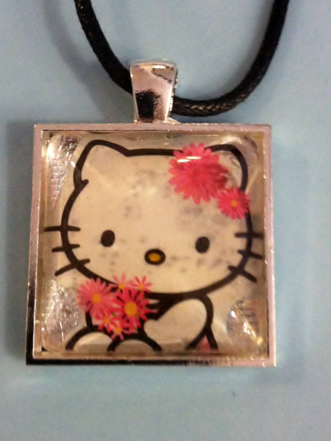 Hello Kitty Pendant Necklace, Glass Tile Necklace, Glass Tile Pendant,  Glass Shell Necklace