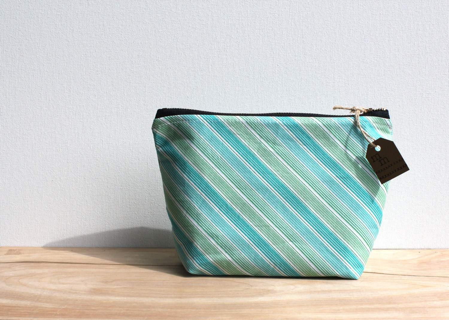 Ready To Ship // Cotton Cosmetic Clutch Pouch Brass YKK Zipper Lining // Sweet Tea Bias Stripe Teal Turquoise Lining