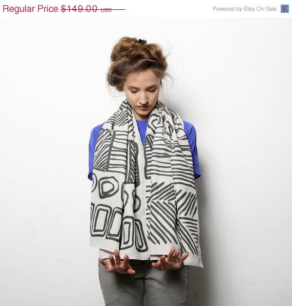 ON SALE Grey and Black hand printed woman scarf, Silk screen printed shawl, summertime fashion accessory, Handmade by Dikla Levsky
