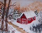 ACEO Original Painting Secluded Barn  winter snow barn trees aceo art miniature