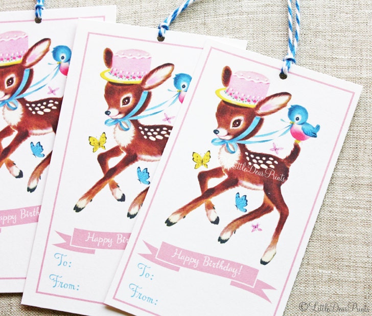 12 Vintage Style Birthday Deer Gift Tags- Retro Deer Party Tags- Nostalgic/ Kitschy