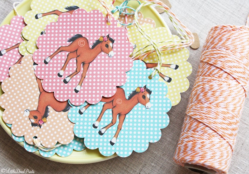 Shabby Chic Pony Gift Tags- 12 Vintage Style Scalloped Horse Tags- Kitschy, Kawaii