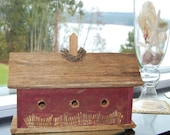 Large Handmade Rustic Brick Red Reclaimed Wood Barn Style Birdhouse Rusty Old Picket Fence Topper Moss Three Holes