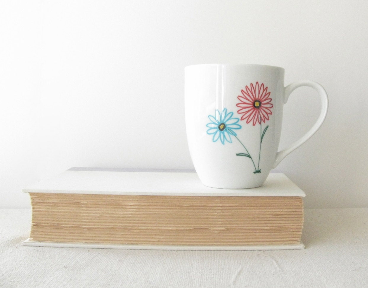 Flower Mug - Aqua and Red Vintage Looking Hand Painted Flowers on a White Coffee Cup