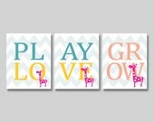 Nursery Prints Trio - 8x10 inches - Play Love Grow - Giraffes - Baby Shower - Child's Bedroom - Kid's Room - Girls Room - Boys Room