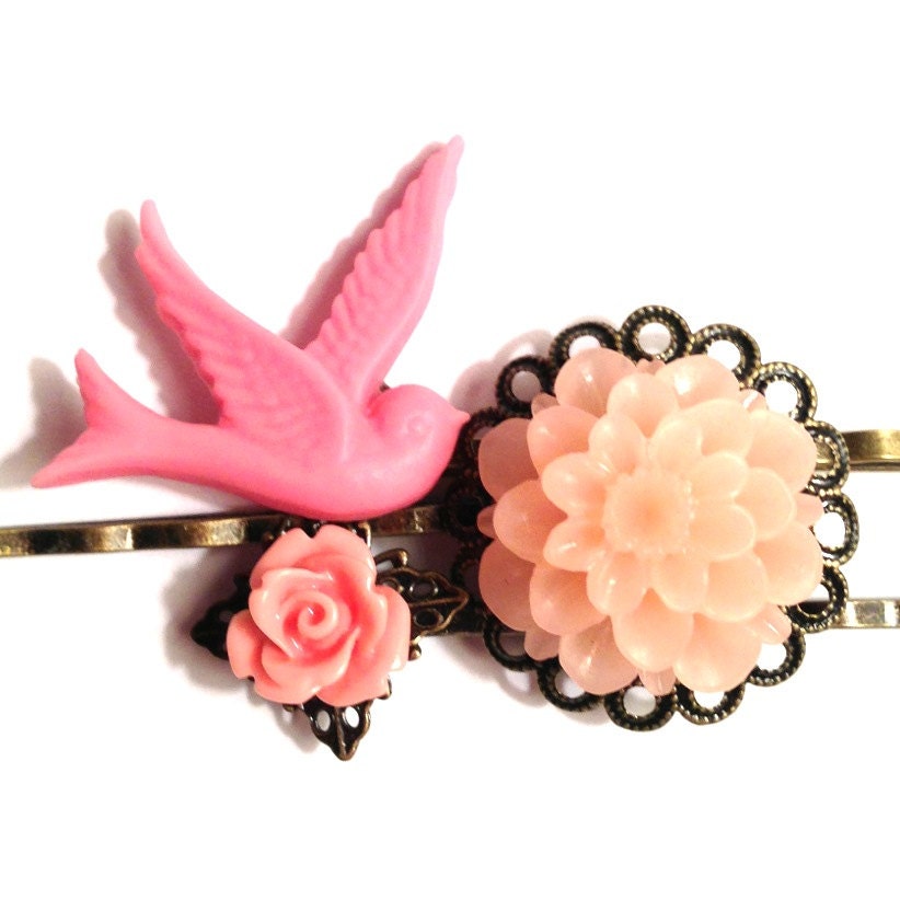 Pink and Peach Vintage Rose and Dove Bobby Pins, Set of 3 - Antique Bronze, Resin Cabochons, Shabby Chic, Coral, Hair, Bridesmaid Gift