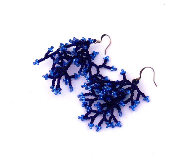 Long  Earrings. Black Blue Earrings. Beaded Dangle Long Earrings. Beadwork. Beaded  Handmade Jewelry.
