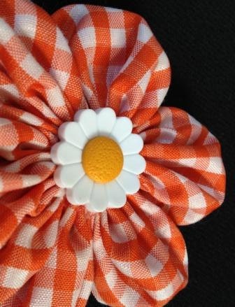 Handmade Fabric Flower Hair Clip, Orange Gingham Fabric Flower Hair Accessory