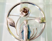 Vintage Virgin Mary Madonna Catholic Brooch Pin Silver Tone Rose Religious Metal Crucifix Cross
