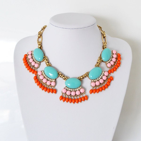FREE SHIPPING - Fashion Jewelry Colorful Resin Turquoise Bubble Bib Fan Fringe Cabochons Necklace, bridesmaid wedding party gift