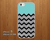 iphone 5 Case - iphone 4 / 4S Case Cover - hard plastic or silicone rubber - grunge black chevron turquoise