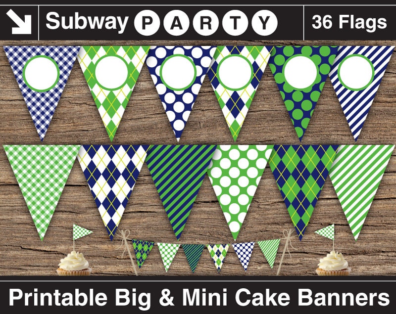 INSTANT DOWNLOAD Printable Golf Theme Party Banners - Big and Mini Cake Bunting. Navy Blue & Green. Add You Own Text / Clipart DIY jpg.