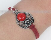 Charm Bracelet Antique Silver Finding Red Turquoise Inlayed Charm on Thin Leather Cord Adjustable Bangle with 1inch Extended Chain