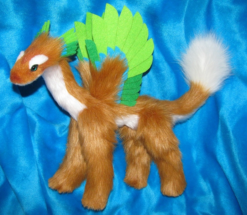 dragon emerald fox posable plush soft sculpture handmade ooak wings feathers faux fur
