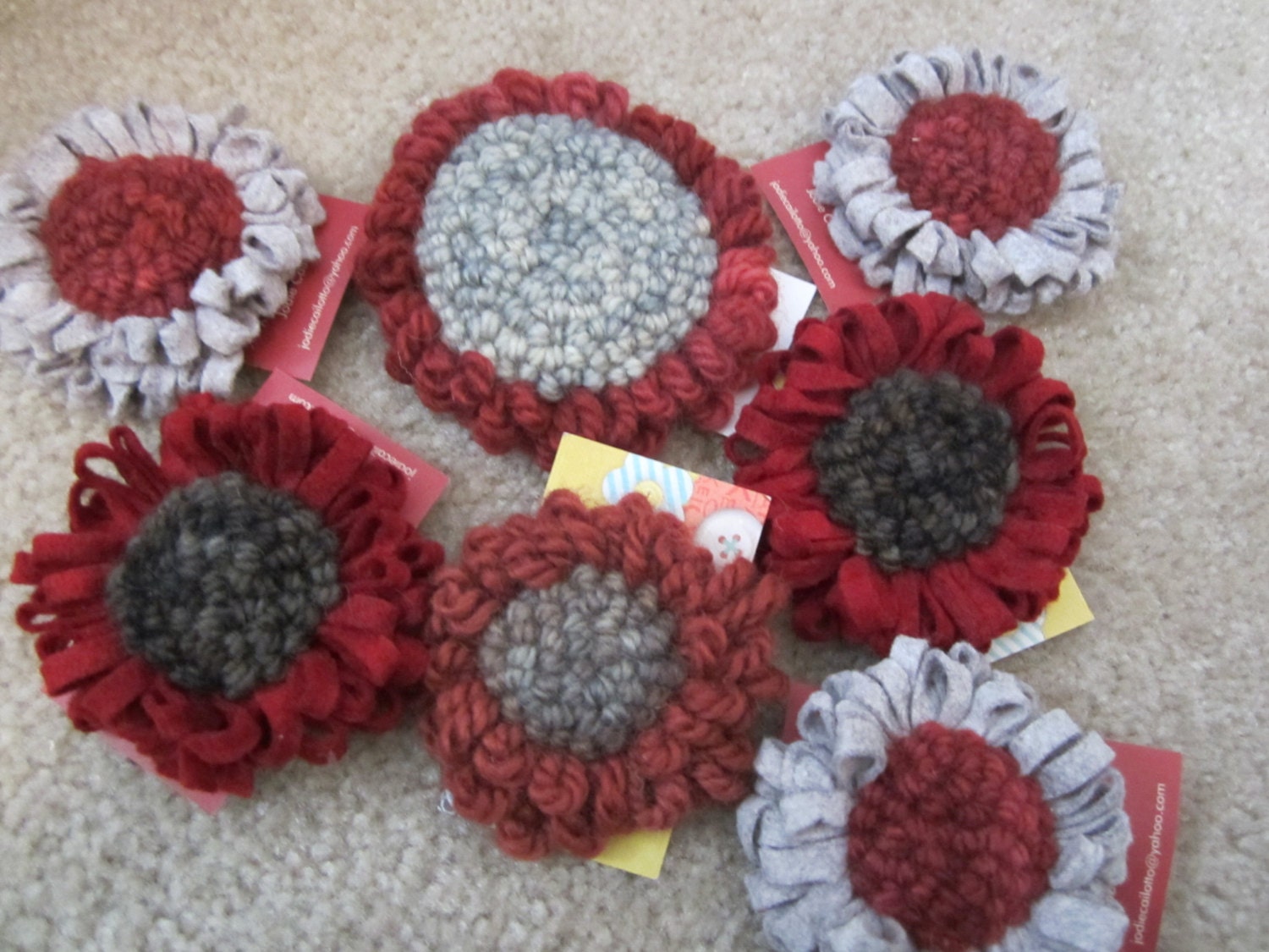 Red & Gray Pulled Wool and Punched Flower Pins - Perfect for Ohio State Fans :)