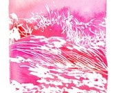 Original Watercolor- Landscape Pink Crashing Ocean Waves- Handmade Painting- 8"x10" Watercolor Wall Art Home Decor Print