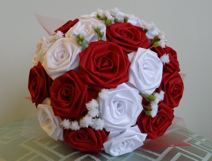 Just Say YES- Holiday Red & White Ribbon Flower Bouquet For Bridal/ Bridesmaid Bouquet/ Weddings/ Anniversary