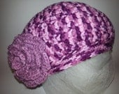 fashion handmade hat with crochet flower, Women Crochet Lilac Pink Mixed Colour Hat, Teen girls Beanie, Hat with flower, Crochet Beanie Hat