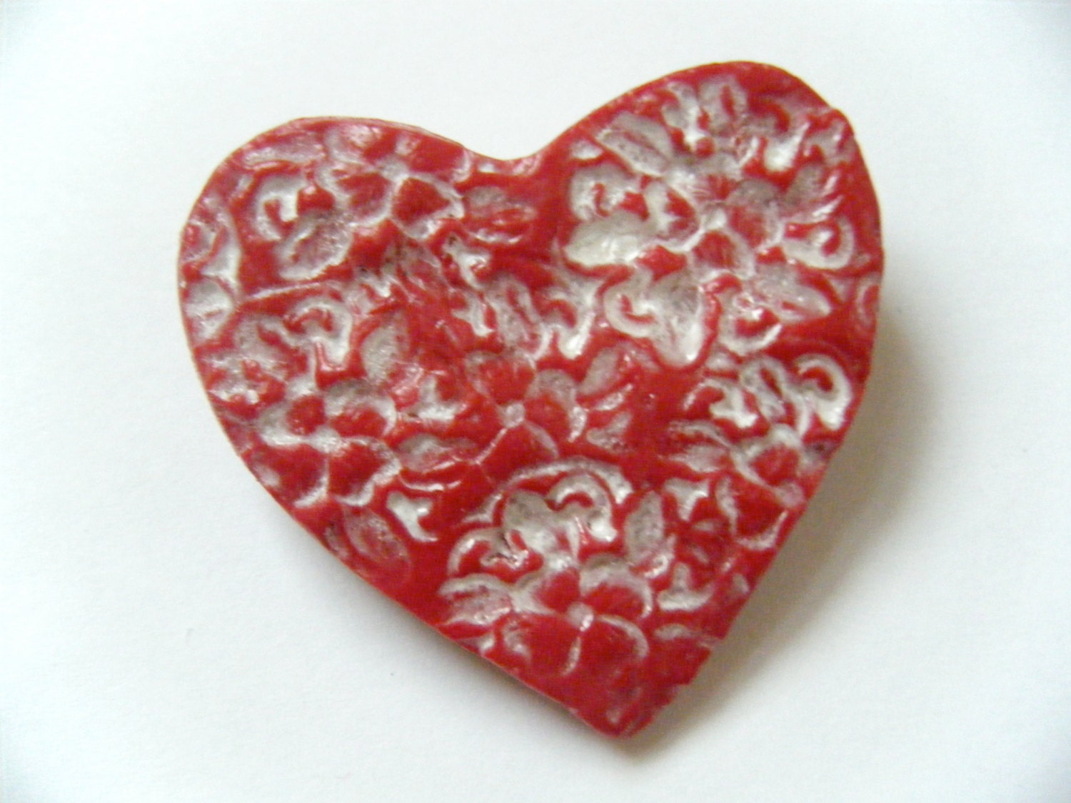 OOAK Red White Valentine Heart Polymer Clay Pin Brooch Anniversary Wedding Hand Stamped Painted Flower Design