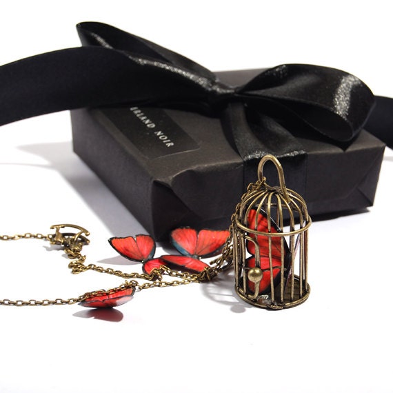 Caged Butterfly Long Necklace, Bloody Red Tiny Handmade Paper Butterflies, Bird Cage Pendant, Rocking Horse Charms, Spring Jewelry