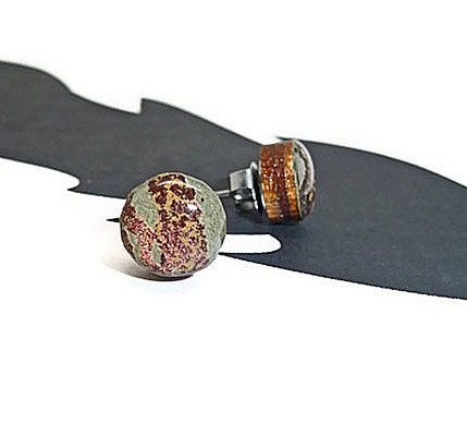 Round wooden stud post earrings khaki green and metallic brown asymmetrical design handmade