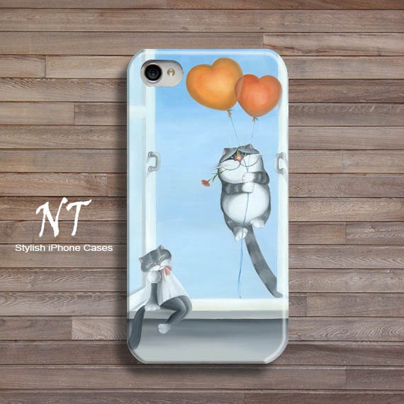 iPhone 4/ 4s 5 Case - Cell Phone Cover - Watercolor Painting Cats In Love - Hearts Cute Cats Funny Joke Humor Kitten Blue Hard Case