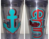Personalized Anchor Tumbler - 16oz Double Wall Acrylic - Nautical Theme Customized with Your Name - Spring Break, Beach Vacation Accessory