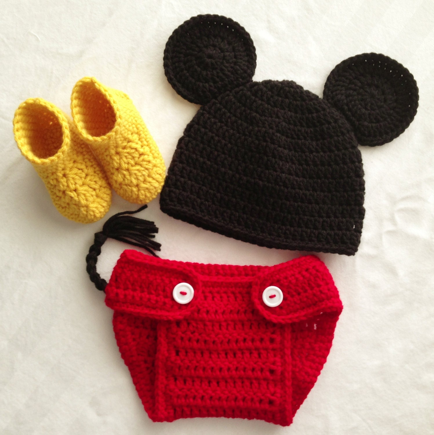 Crocheted Newborn Boys Mickey Mouse Photo Prop Set - Hat, Diaper Cover and Boots