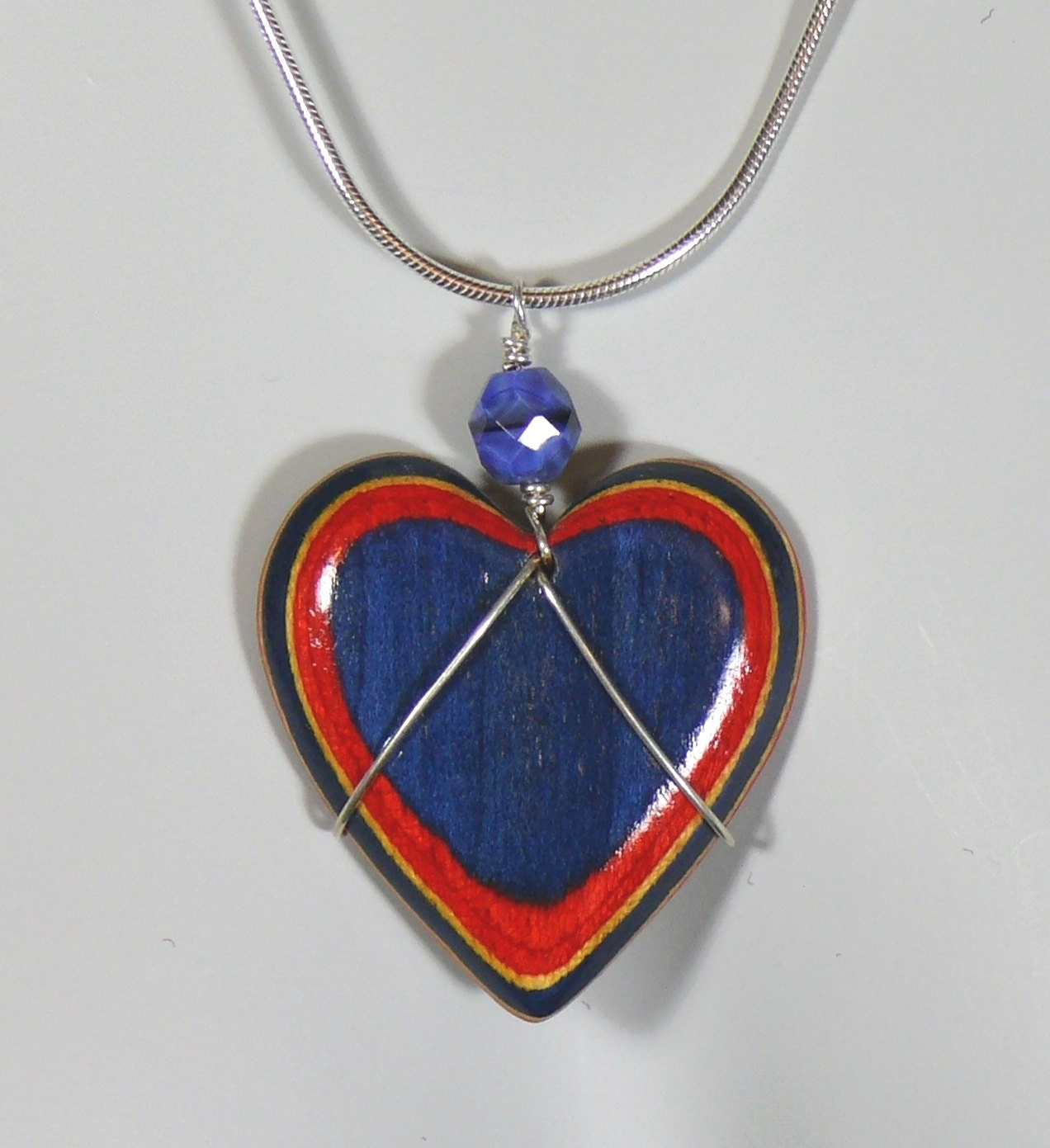 Bohemian Wedding Pendant Handmade Wood Heart Bridal Blue Silver Pendant Necklace Earrings