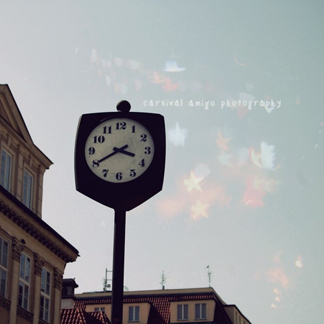 Bokeh photograph, Your time, 4x4, 5x5, 8x8, fine art print, wall decor, clock, travel photography, star bokeh, city view, orange, lights