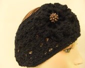 Handmade Crocheted Woman Girl Head Band Ear Warmer Black Crochet Handmade Headband Accessory with Flower and DecorativeButton