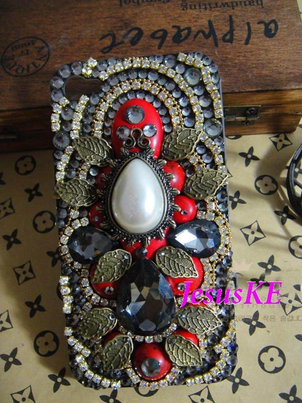 Luxury retro iphone case-swarovski crystals white Jewels red stones brass leaf charms unique iphone cover-iphone 5 case-iphone 4 case
