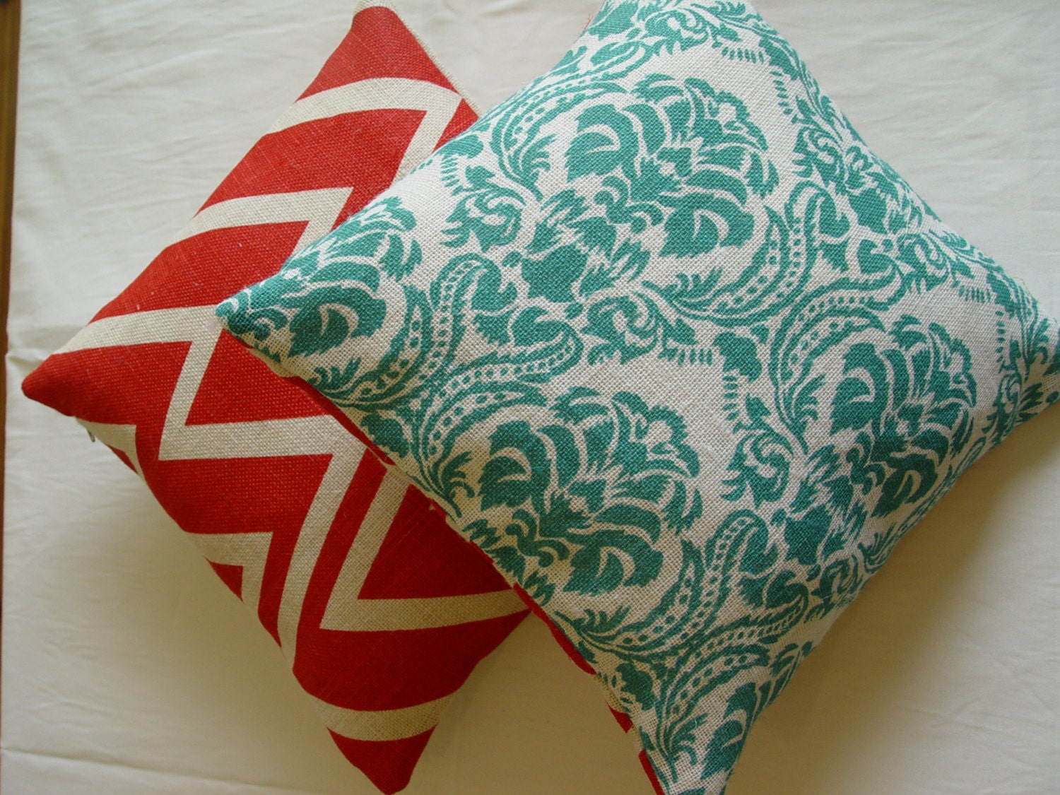 Set of TWO - Hessian Pillows / CUSHION COVERS - red chevron, teal and natural on hessian.