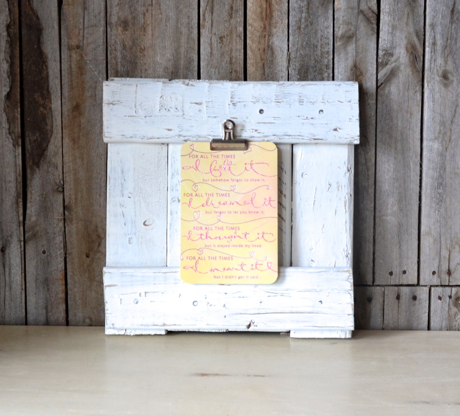 Repurposed White Distressed Square Pallet Wood Picture Frame with Clip
