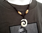 Tribal Bone Spiral Pendant, Wood Beads, Tribal Clay Beads Dark Brown Leather Necklace, Unisex Necklace, For Men and Women