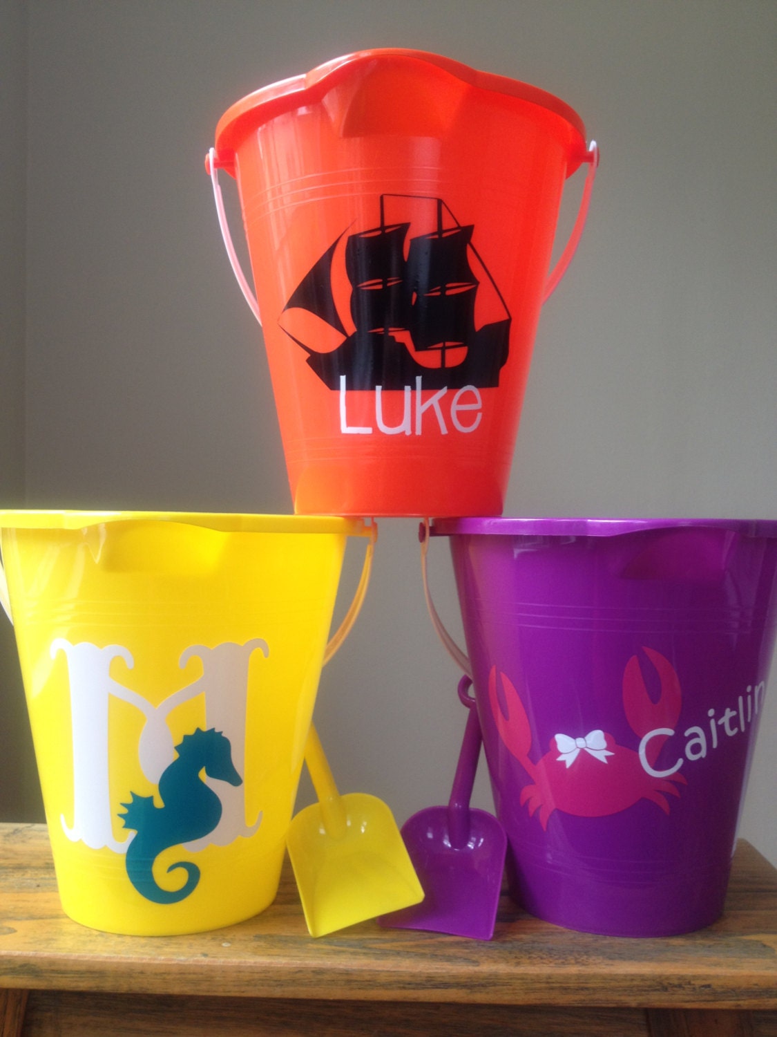 Personalized Sand Bucket with Plastic Handle and Matching Shovel