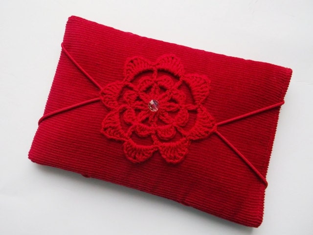 iPhone 4 or iPhone 5 wallet / handmade red velvet fabric pouch / crochet flower / padded sleeve cellphone  cover