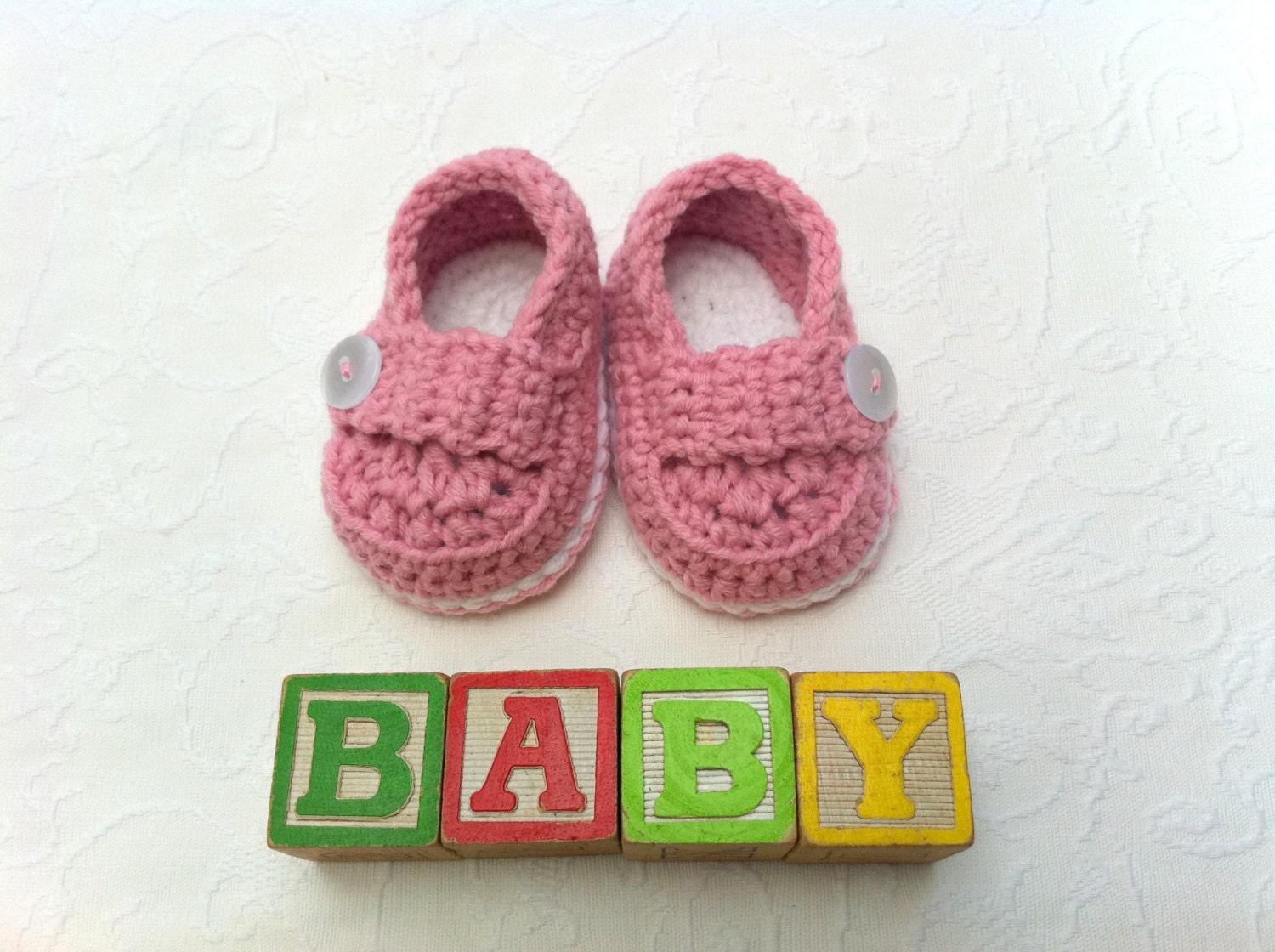 Baby Girl Shoes, Cute button loafers, Baby Booties, Baby Shower gift, Baby shoes in Blossom pink and white trim.