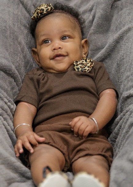 Chocolate Short Sleeved Bodysuit with Leopard Print Satin Rosette