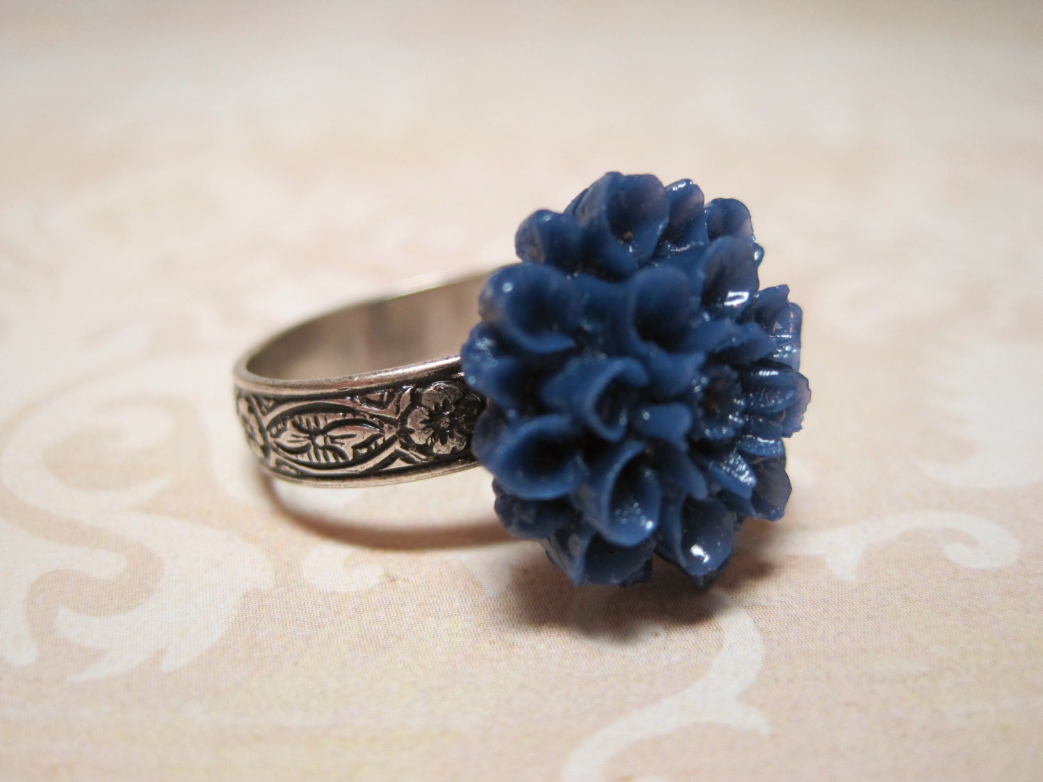 Royal Blue Resin Dahlia Flower Cab Ring Adjustable Floral Antiqued Silver Brass Band Bridal Wedding Bridesmaid Jewelry