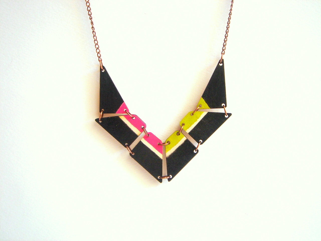 Black & Neon Geometric Necklace, Wood Triangles Bib,Wood Tribal Necklace,Geometric Jewelry