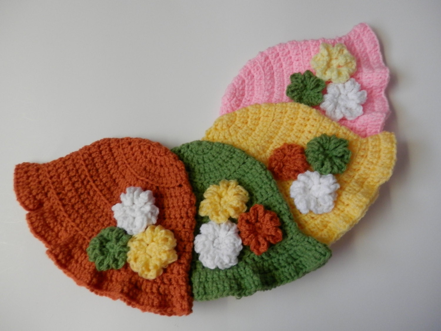 Crochet  Handmade Springtime Hat Pink Orange  White Green Yellow  Flowers Girl Kids Children Baby  Teen