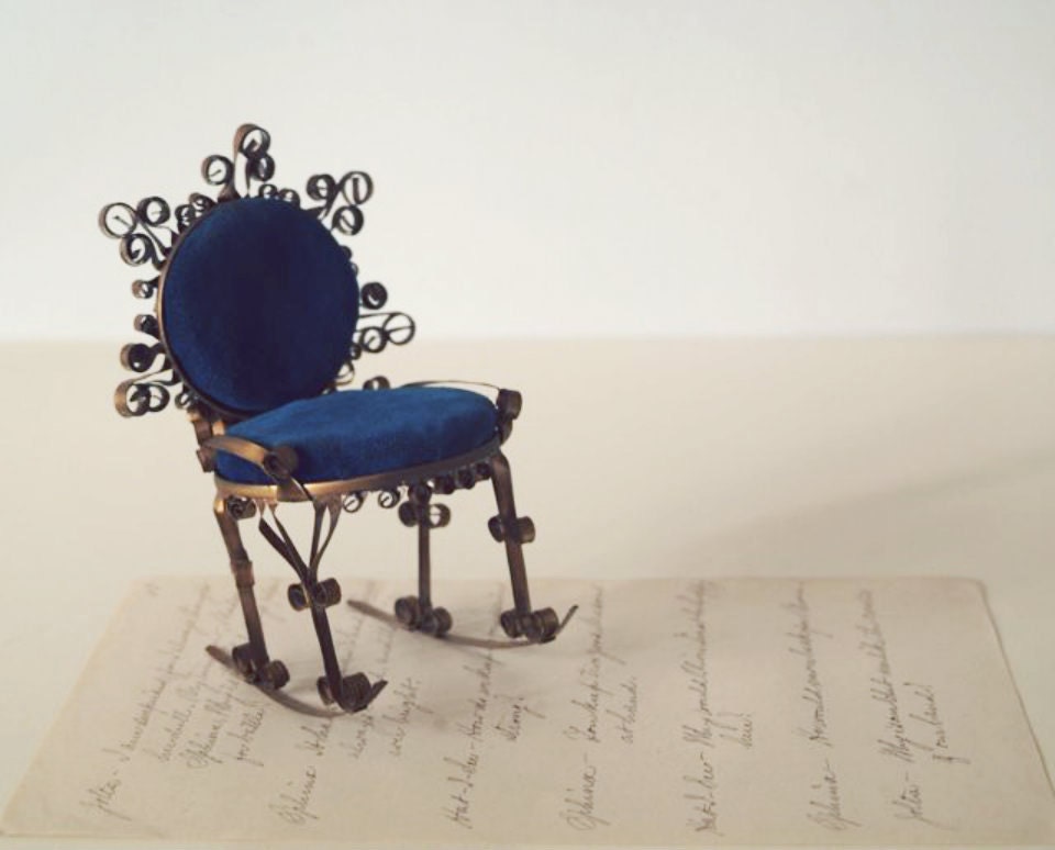 Vintage Victorian Style Folk Art Rocking Chair Pin Cushion With Filigree Detail, Vintage Folk Art Doll Sized Rocking Chair,
