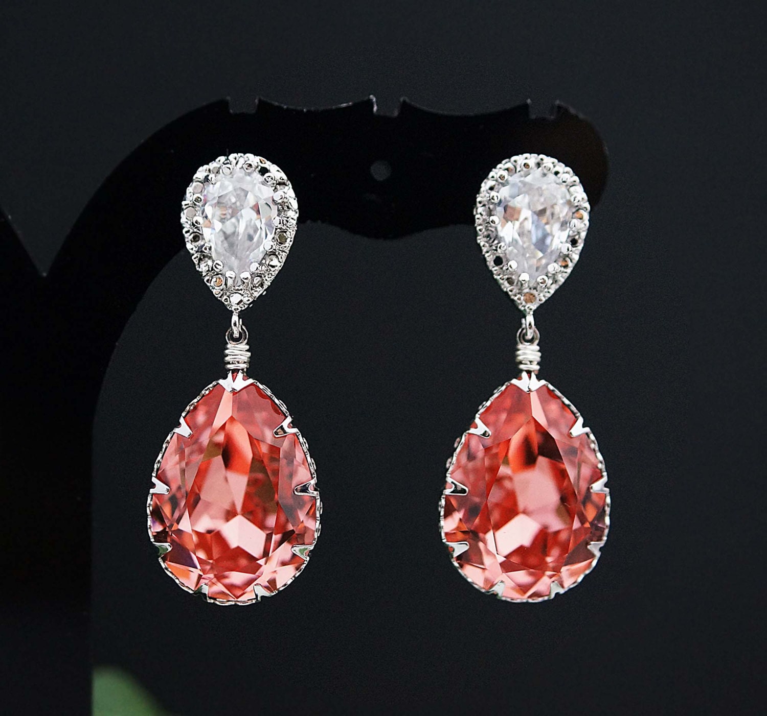 Wedding Dangle Earrings Bridal Jewelry Bridal Earrings Bridesmaid Earrings Rose Peach Swarovski Tear Drop Cubic zirconia Earrings