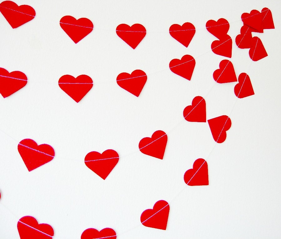 Red paper heart garland, romantic home decor bright home decor, party decor, wedding decoration, children room decor